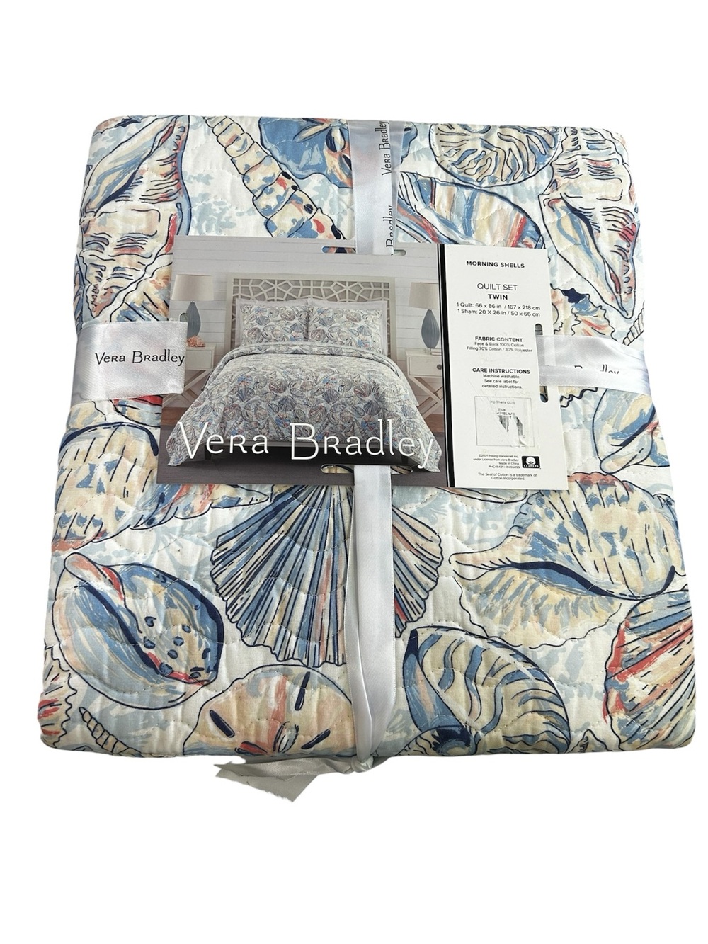 Vera Bradley Morning Shells Twin Quilt Set in Blue and Cream with Coral Accents